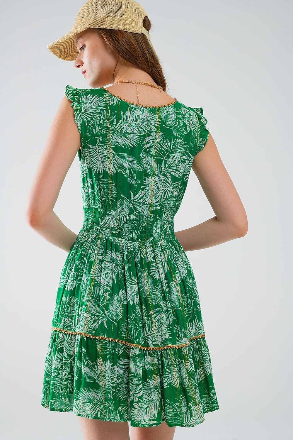 vestido corto verde boho estampado de flores con detalle de lurex