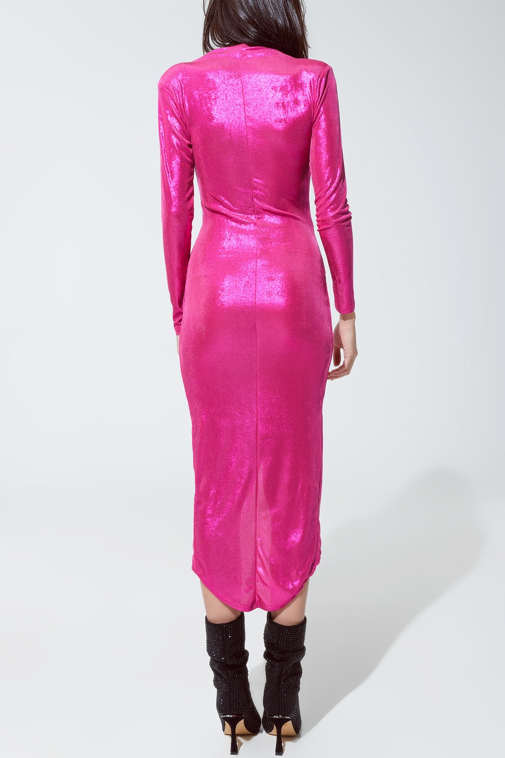 Vestido de fiesta Envuelto con Escote Plunge en Rosa Metalizado