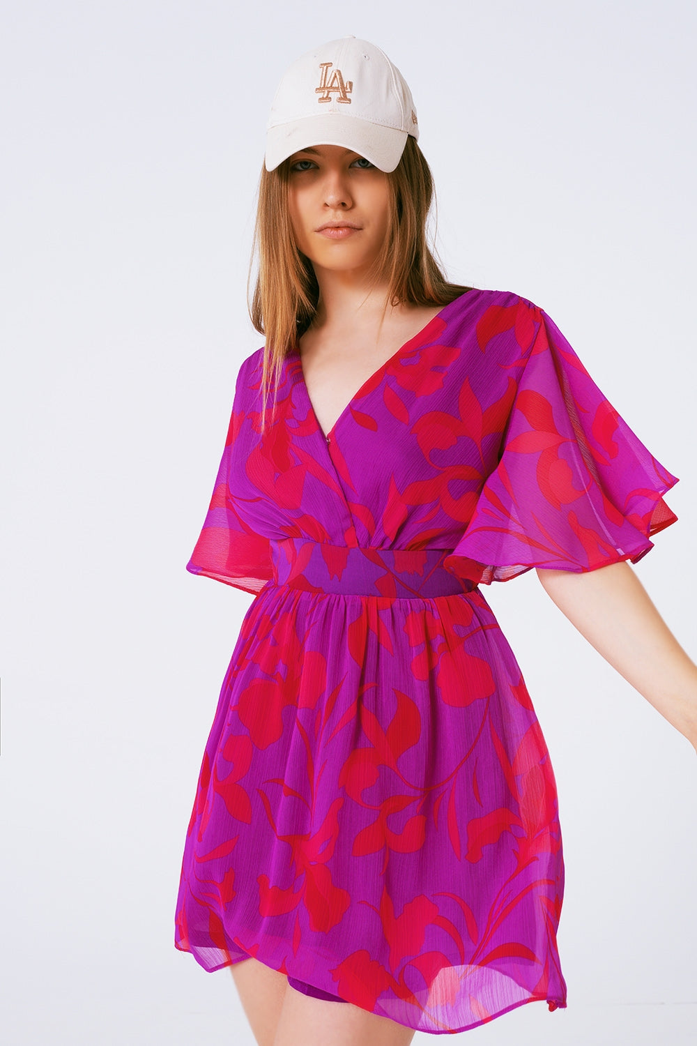 Vestido de gasa estampado de flores en manga corta
