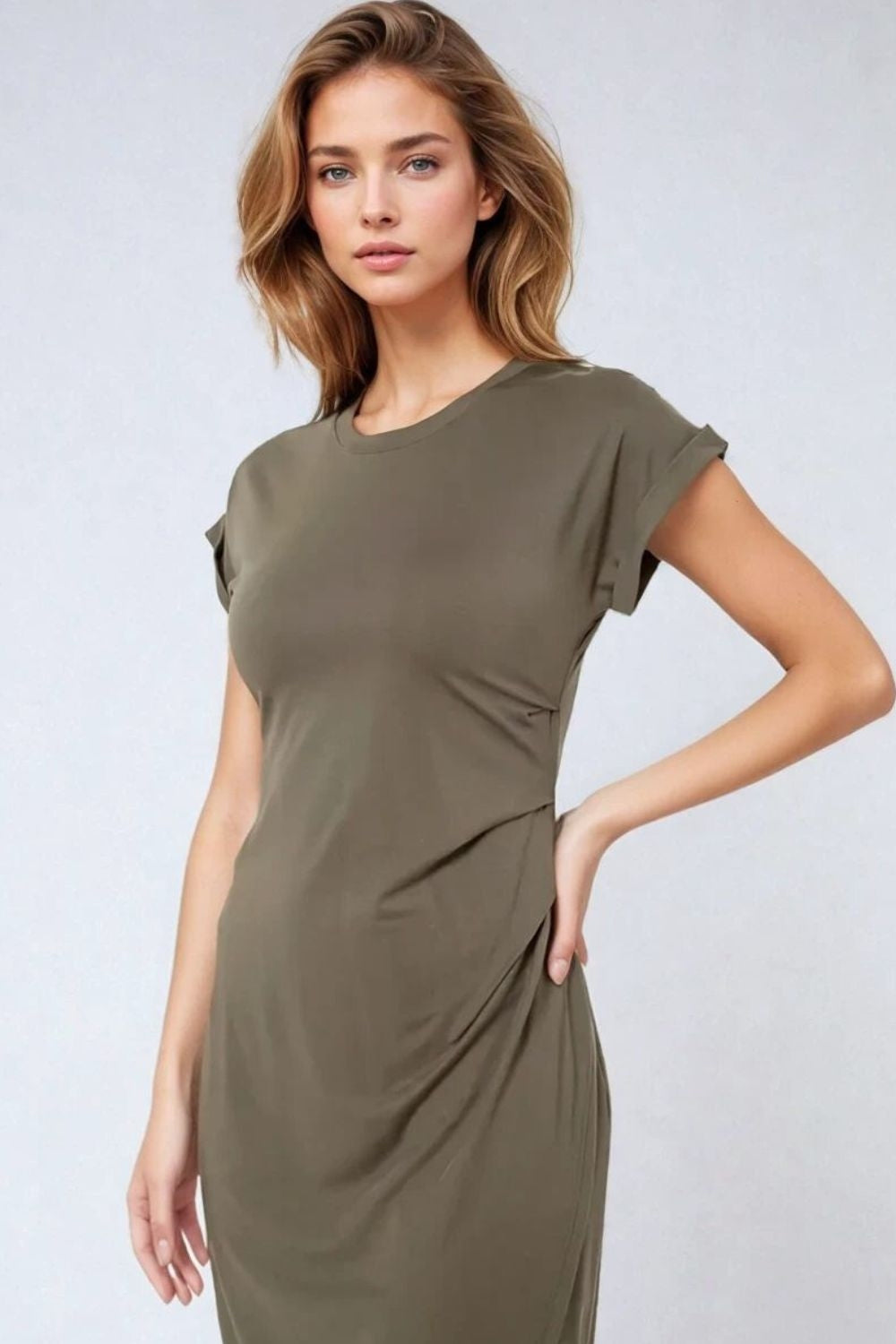 Q2 Vestido de tencel elástico color caqui sin mangas