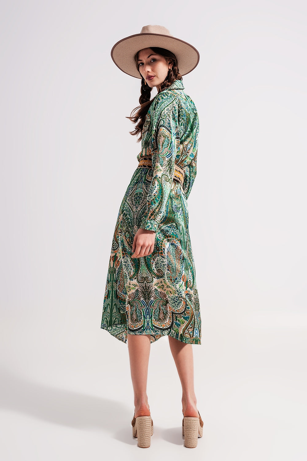 Vestido largo con estampado de cachemir verde