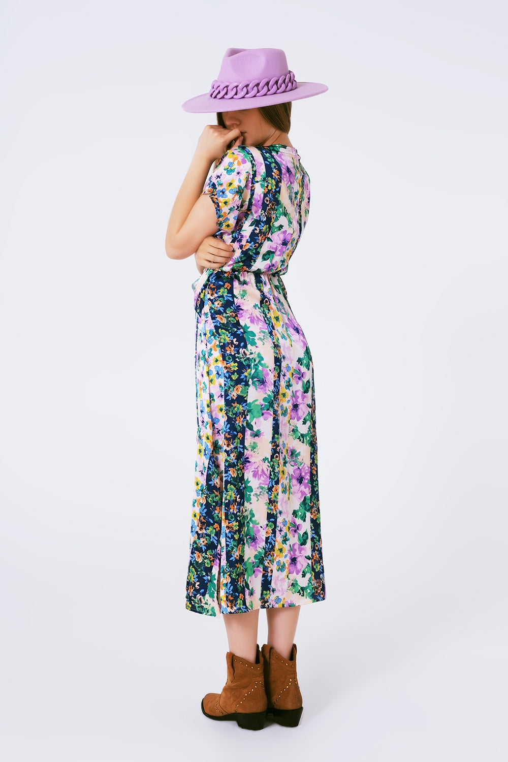 Vestido largo con estampado de flores y nudo frontal en multicolor morado y verde