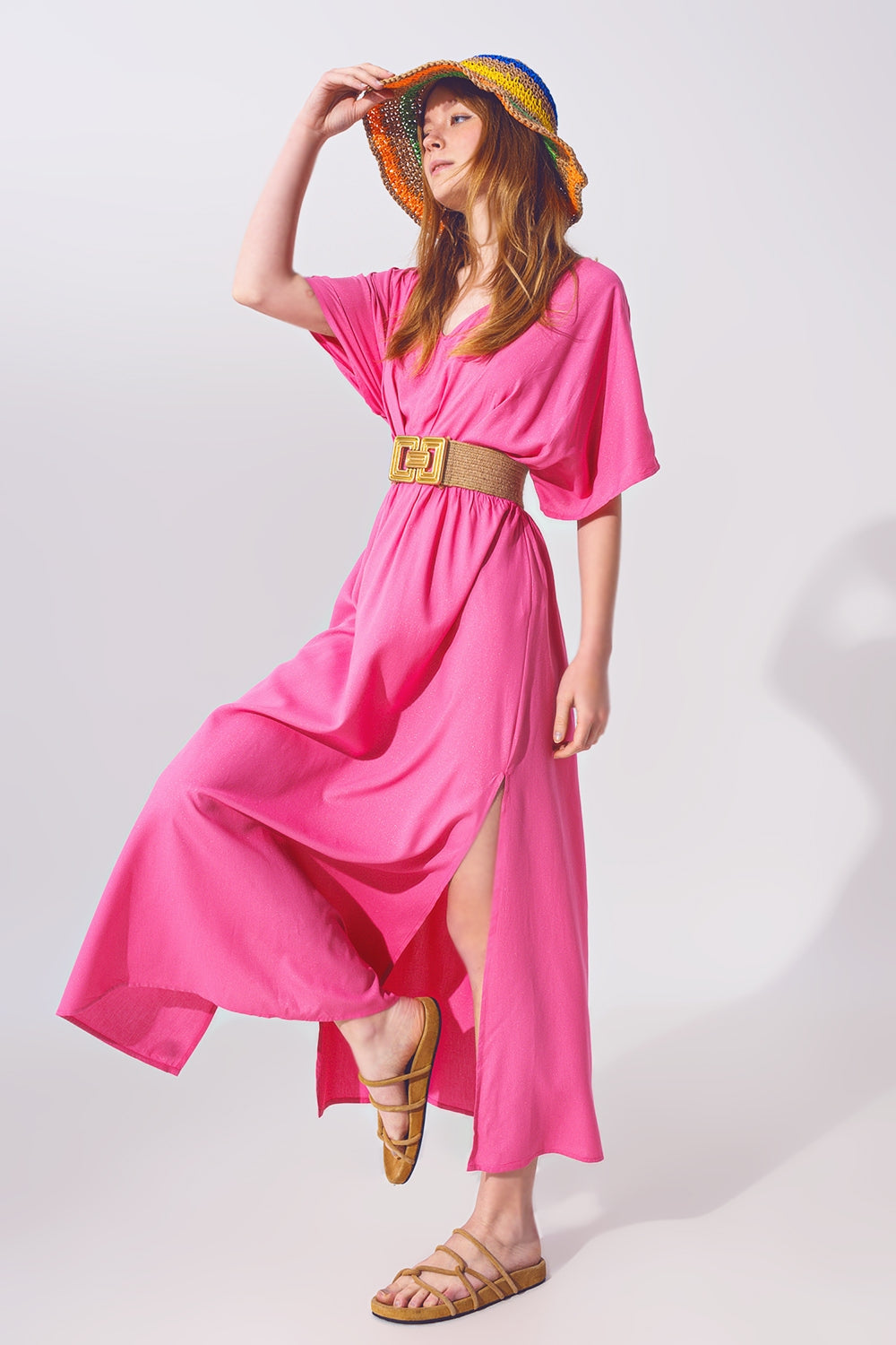 Vestido largo con manga kimono en rosa