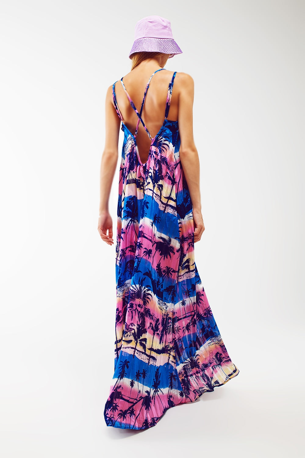 Vestido largo de espalda abierta y relajada con estampado azul tropical