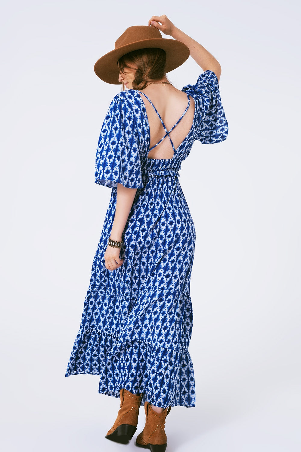 vestido maxi estampado boho cruzado en la espalda