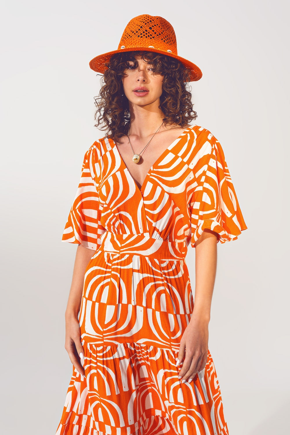 Vestido Midi Cuello V Estampado Naranja