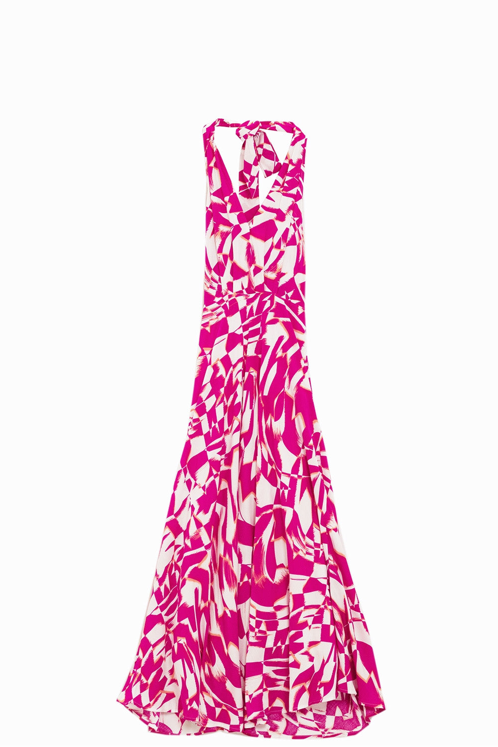 Vestido midi halter con cintura ceñida en estampado abstracto fuchsia y blanco