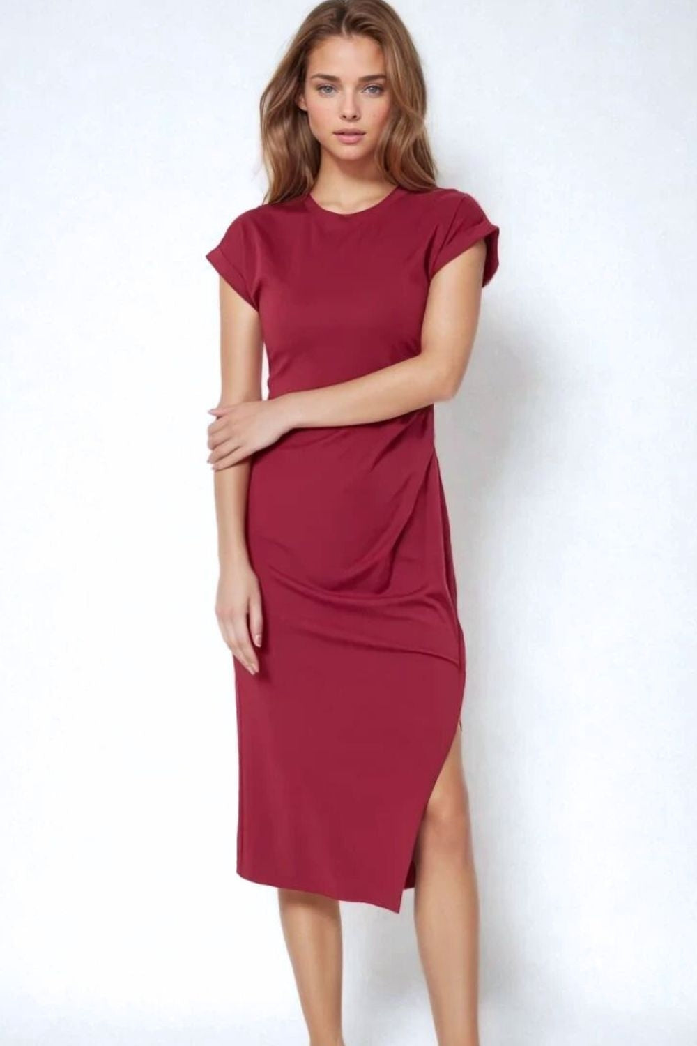Q2 Vestido sin mangas de tencel elástico color burdeos