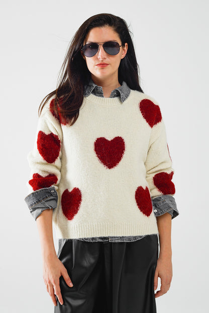 Q2 acogedor suéter blanco con corazones rojos