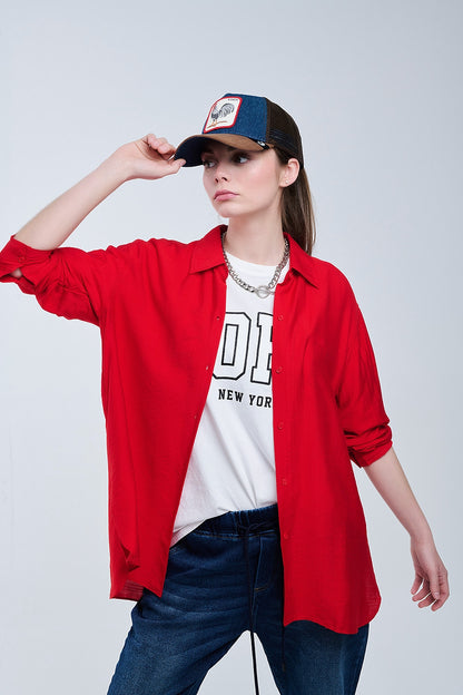 Ajuste relajado Camisa roja Mangas 3/4 y bajo alto