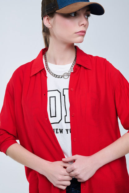 Ajuste relajado Camisa roja Mangas 3/4 y bajo alto