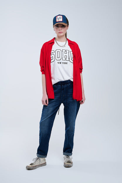 Ajuste relajado Camisa roja Mangas 3/4 y bajo alto
