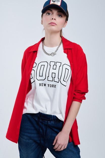 Ajuste relajado Camisa roja Mangas 3/4 y bajo alto