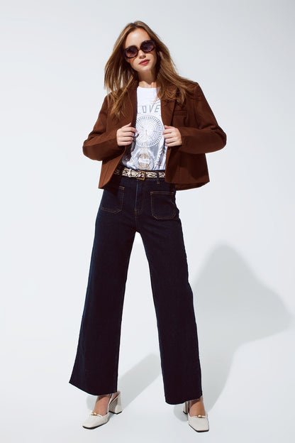 Blazer corta extragrande diseño de Vichy y detalles metálicos en marrón