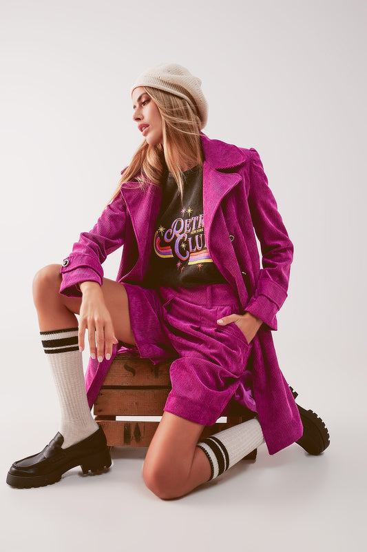 Q2 Blazer larga con botones vintage en pana fucsia
