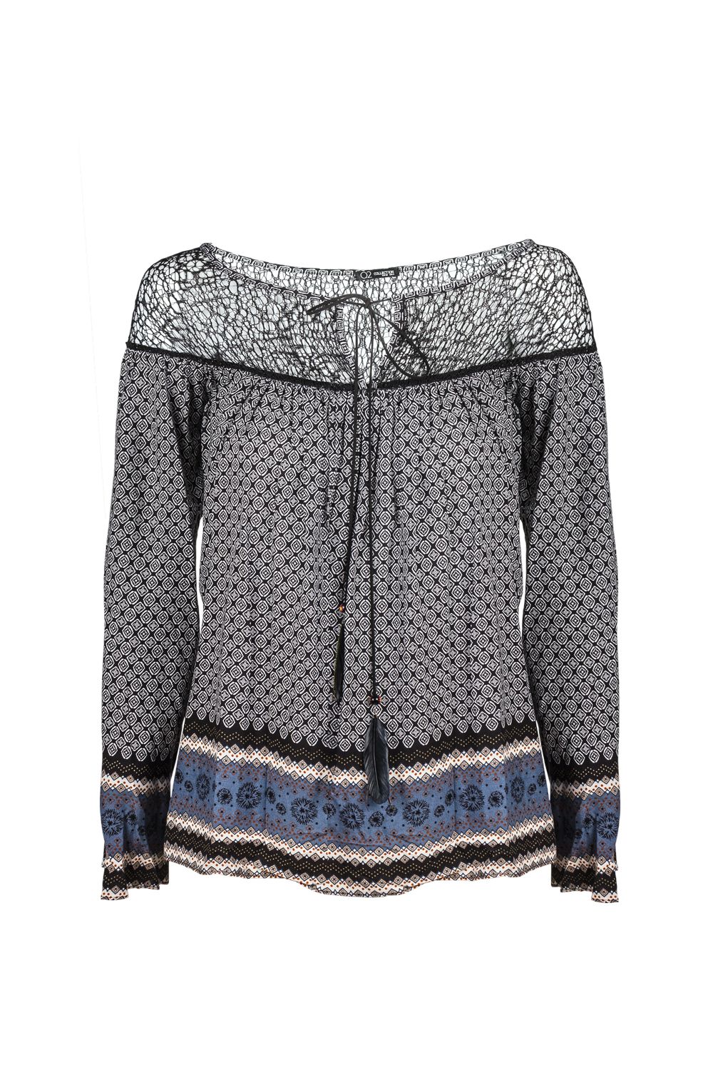 Blusa con estampado de cachemir y detalle de rejilla gris