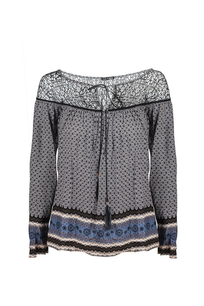 Blusa con estampado de cachemir y detalle de rejilla gris