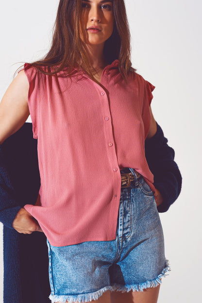 Blusa con volantes en la manga corta en rosa