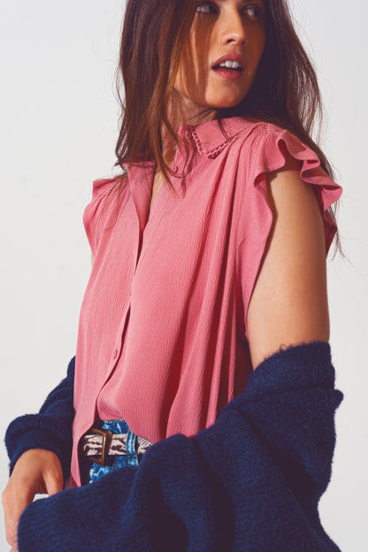 Blusa con volantes en la manga corta en rosa