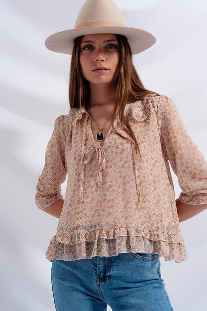 Blusa de gasa con lazo delantero y estampado de florecitas beige