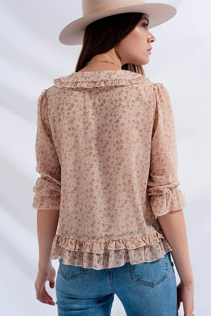 Blusa de gasa con lazo delantero y estampado de florecitas beige