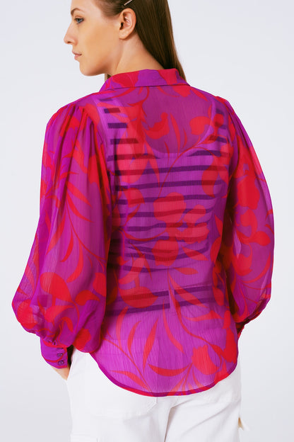 Blusa de gasa estampada flores en fuschia