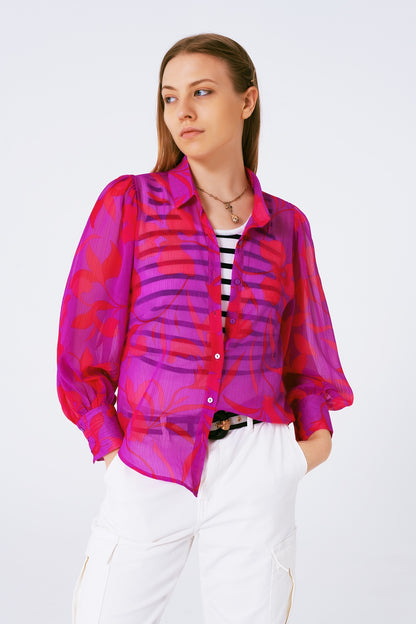 Blusa de gasa estampada flores en fuschia