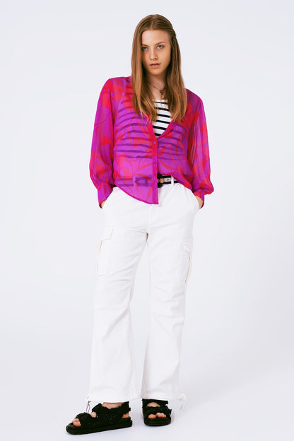 Blusa de gasa estampada flores en fuschia