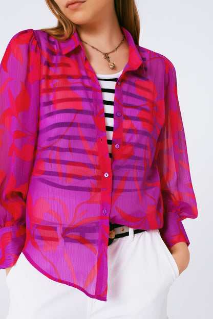Blusa de gasa estampada flores en fuschia