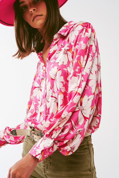 Blusa de gasa floral con mangas de volumen en rosa