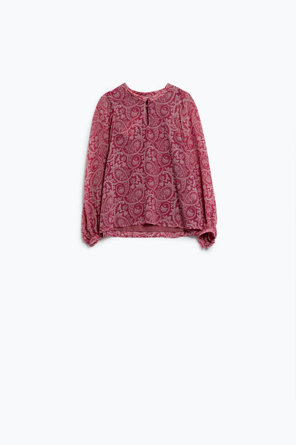 Blusa de gasa rosa con estampado floral y mangas globo largas