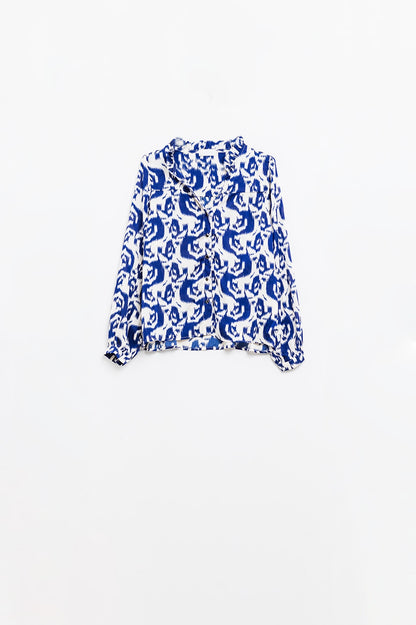 Blusa de manga globo con estampado abstracto en azul marino y blanco