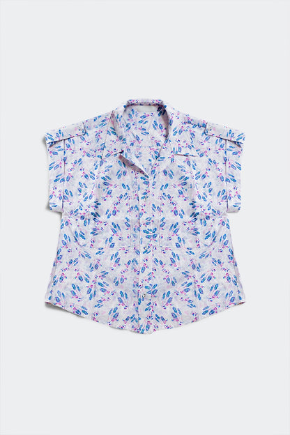 Blusa morada con bolsillos y estampado de florecitas