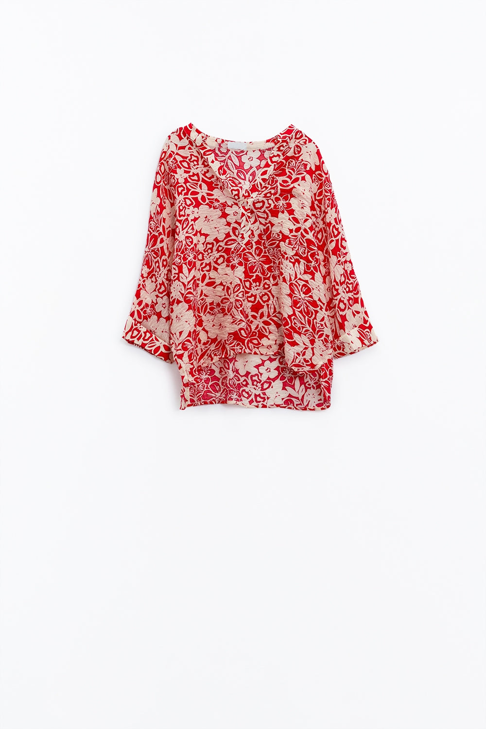 Blusa relajada roja con estampado floral y mangas de campana