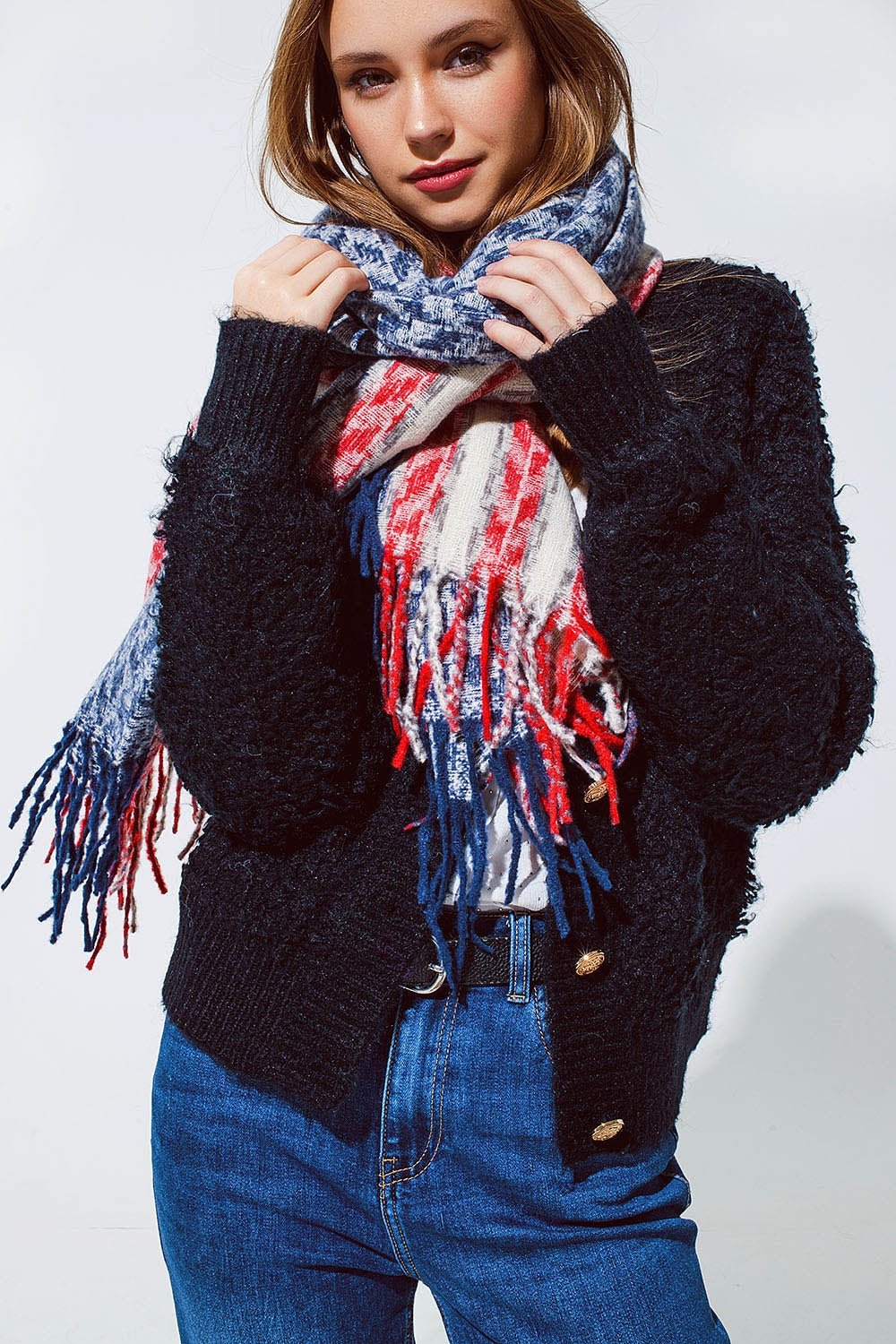 Bufanda americana estilo Houndstooth en blanco rojo y azul