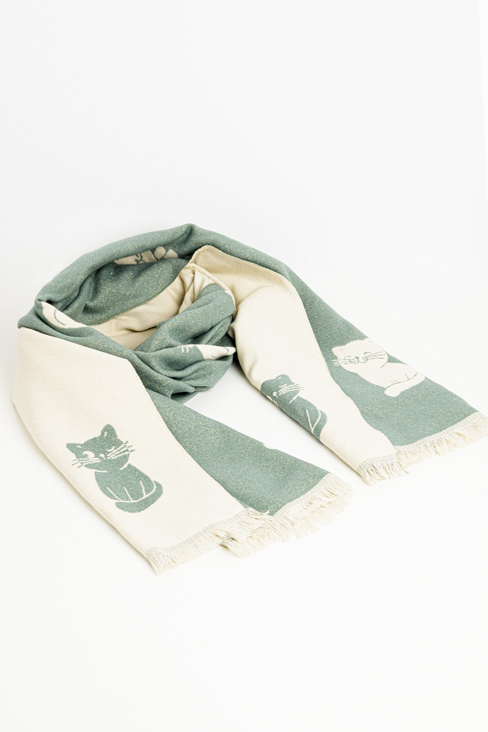 Bufanda ancha verde agua con estampado de gatos