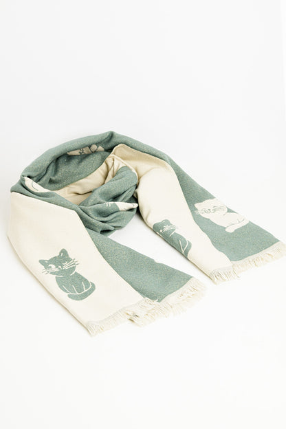 Bufanda ancha verde agua con estampado de gatos