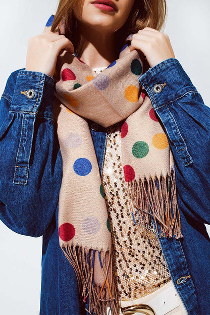 Bufanda suave de lunares multicolores en beige