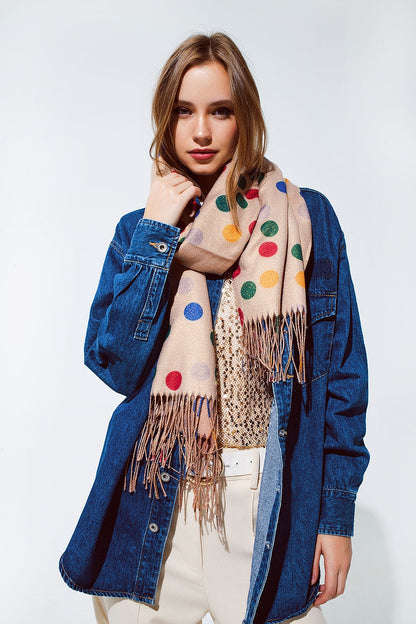Bufanda suave de lunares multicolores en beige