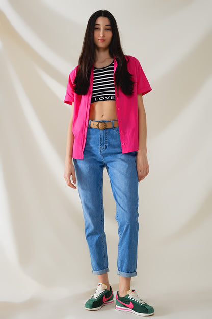 Camisa abotonada de manga corta en fucsia