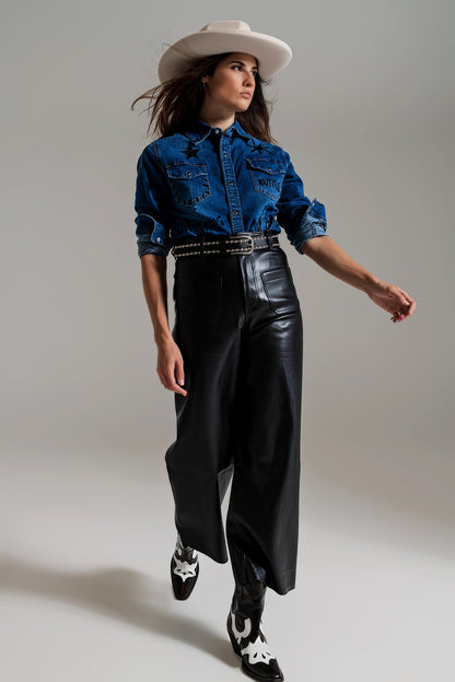 camisa ajustada vaquera con detalles gráficos negros con strass