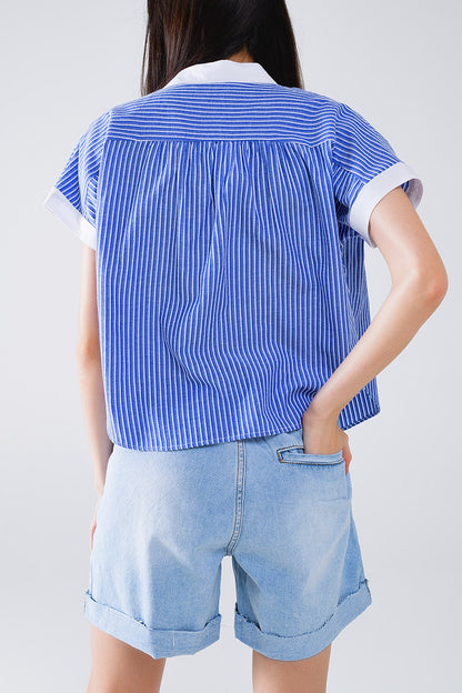 Camisa azul de manga corta y rayas verticales