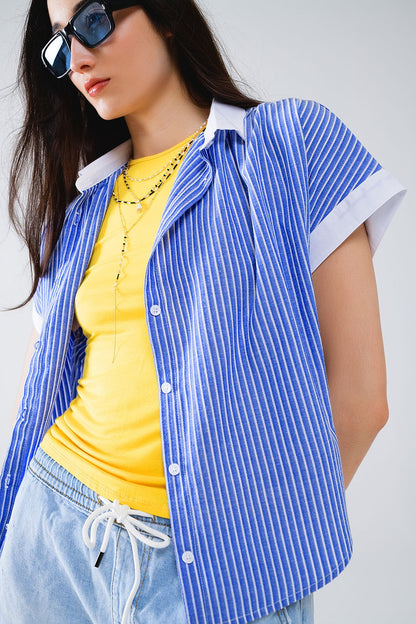 Camisa azul de manga corta y rayas verticales