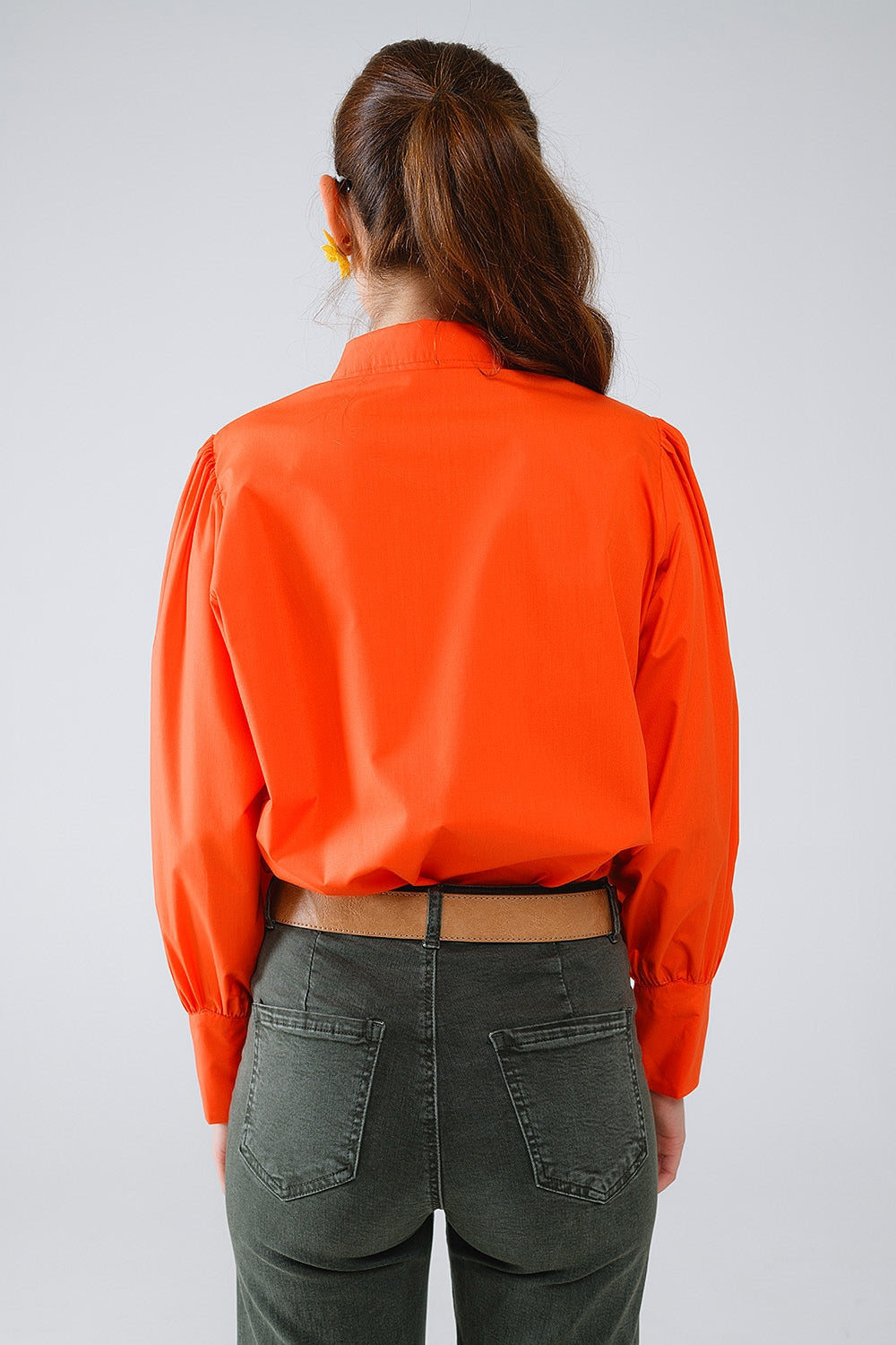 Camisa básica de popelín naranja con mangas largas globo