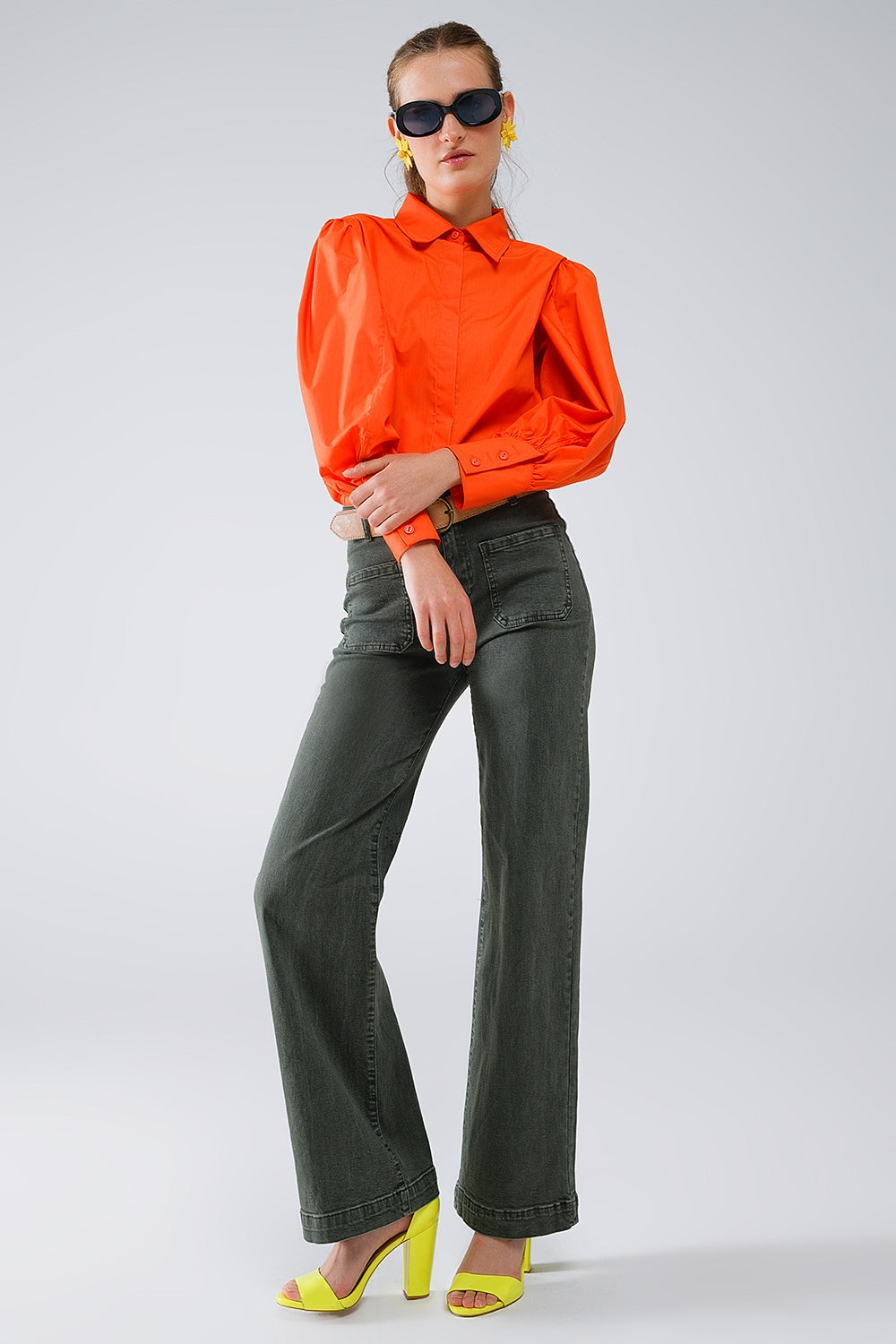 Camisa básica de popelín naranja con mangas largas globo