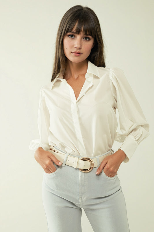 Q2 Camisa blanca basica de poplin de manga larga globo