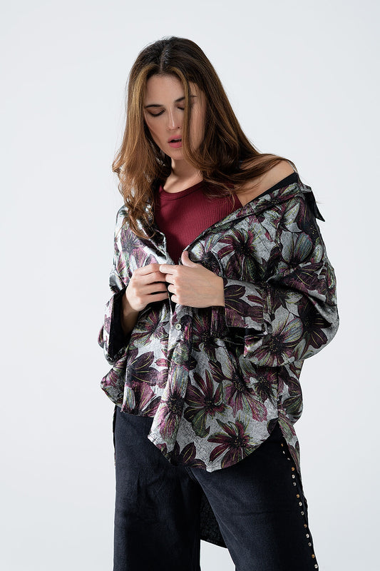 Q2 Camisa con estampado de flores efecto metalizado