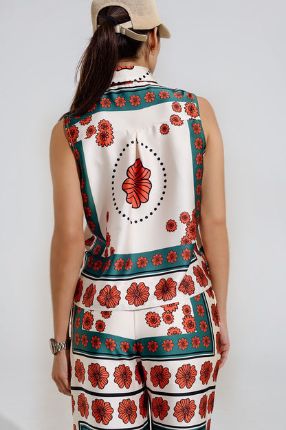 Camisa Crema Sin Mangas Con Diseño Floral