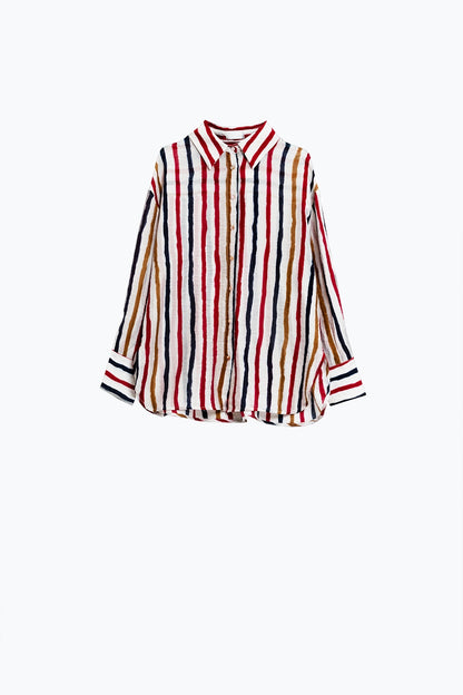 camisa de gasa de manga larga con rayas multicolores rojo y azul marino