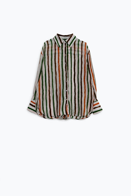 camisa de gasa de manga larga con rayas multicolores verde y marrón